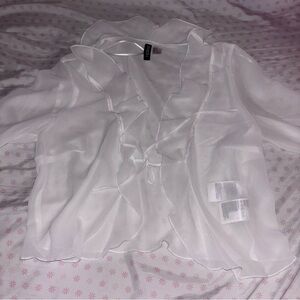 H&M Divided White Sheer Blouse with Ruffles & Tie Detail